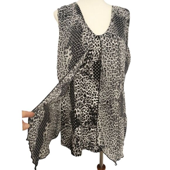 Adele May Top Large Blouse Sleeveless Animal Print Flowy Sheer Mixed Media Tunic - Picture 8 of 16